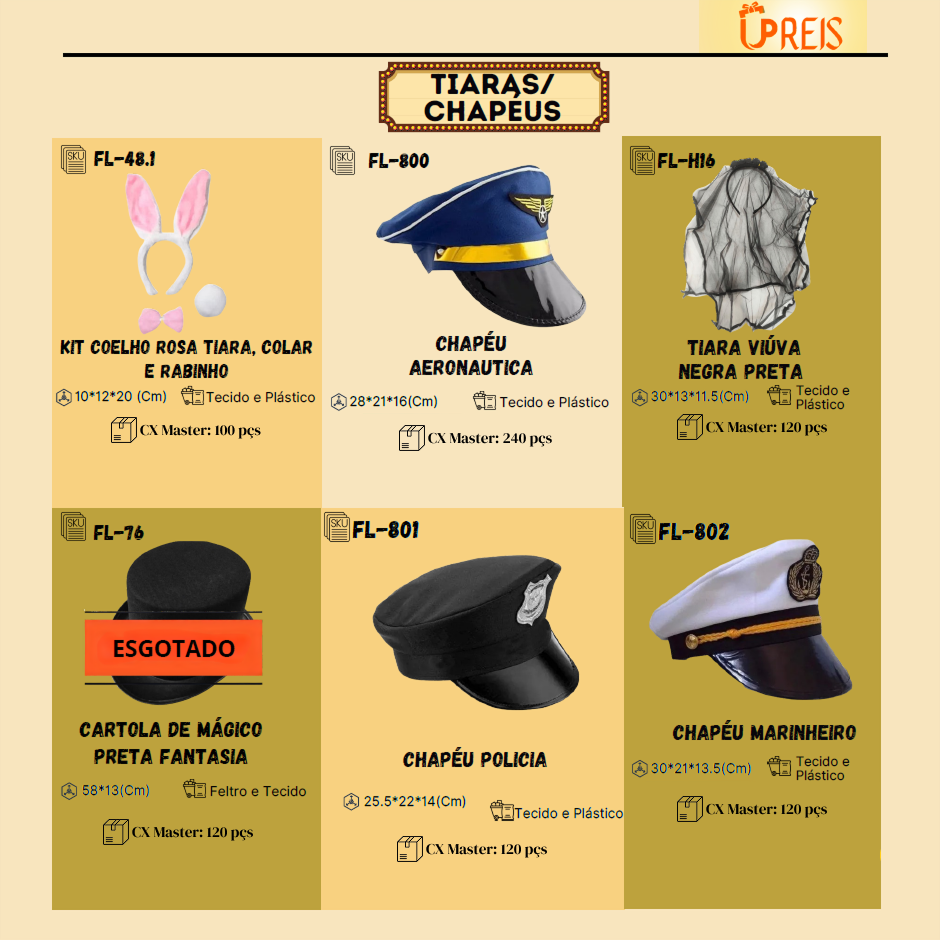 UPREIS Decorações para festas, kit coelho tiara, colar e rabinho. chapéu policial, chapéu aeronautica, tiara viuva negra, chapéu marinheiro