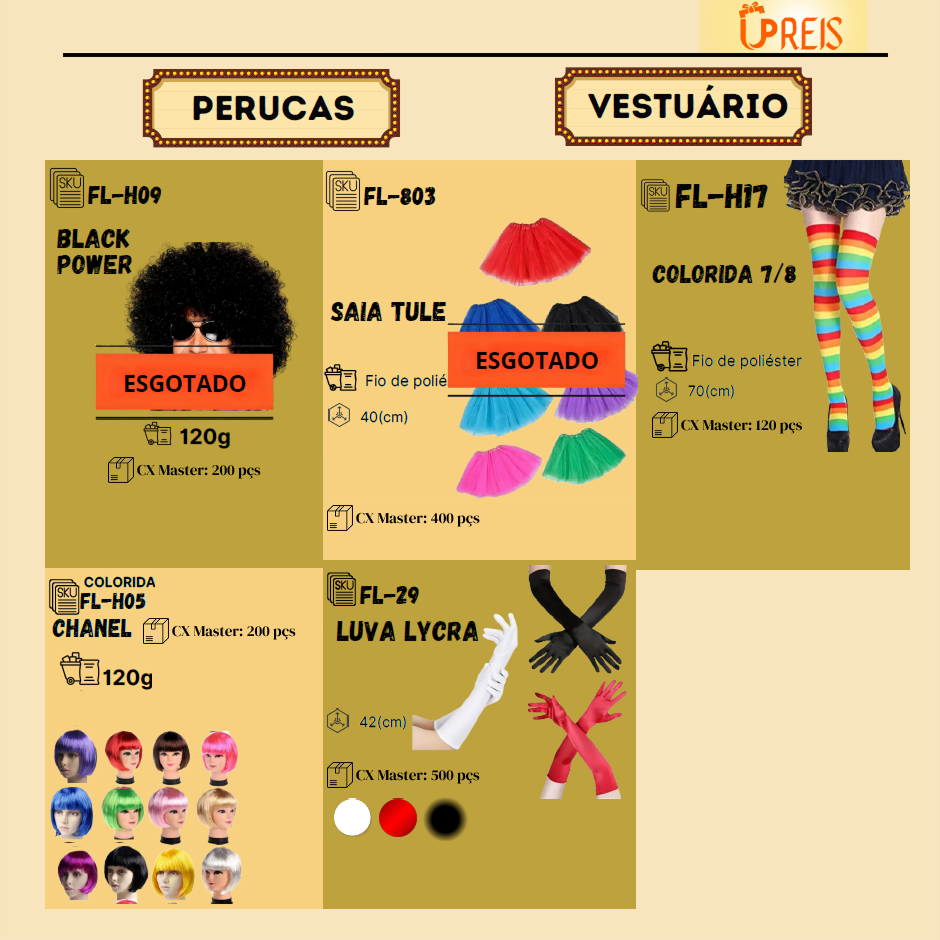 UPREIS Decorações para festas, saia tutu, saia de tule, meia colorida listrada, peruca black power, peruca chanel color, luva de lycra 